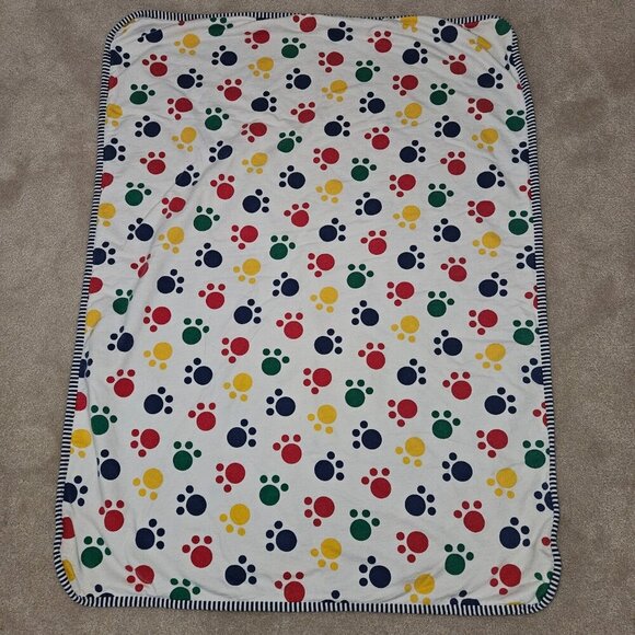 VTG GYMBOREE Reversible Baby Blanket Paw Prints Blue White Red Yellow Green READ - Picture 2 of 9